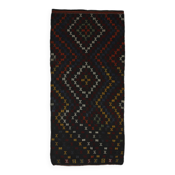 Kilim Turc Yuruk Vintage 141x300 cm Noir Motifs Geometriques