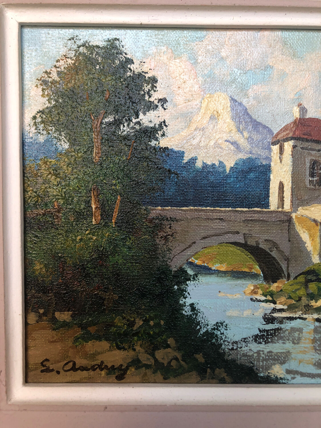 Oil painting on canvas s. audrey riverside + wood frame #a218