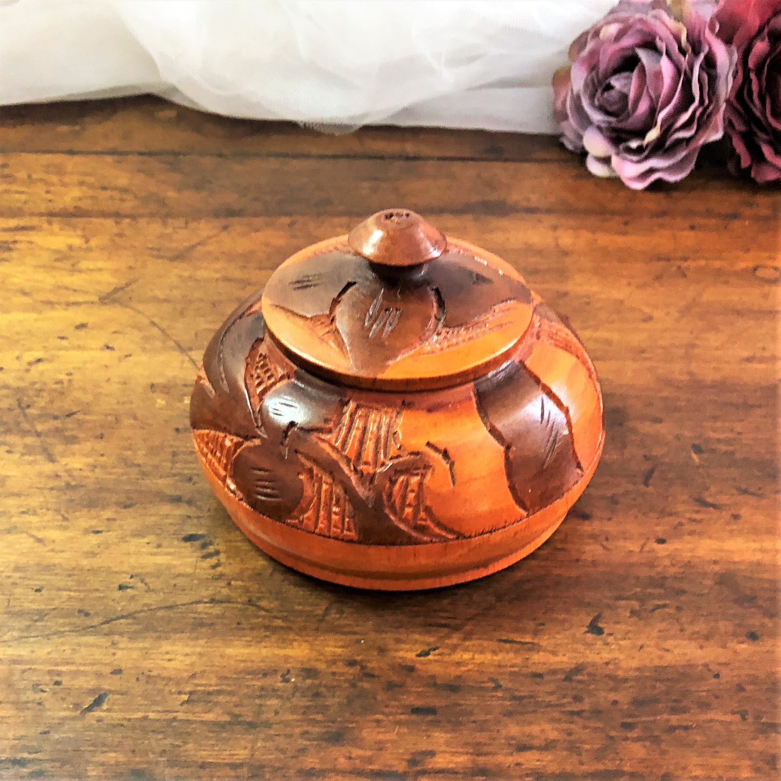 Handmade wooden box brown copper polychrome vintage