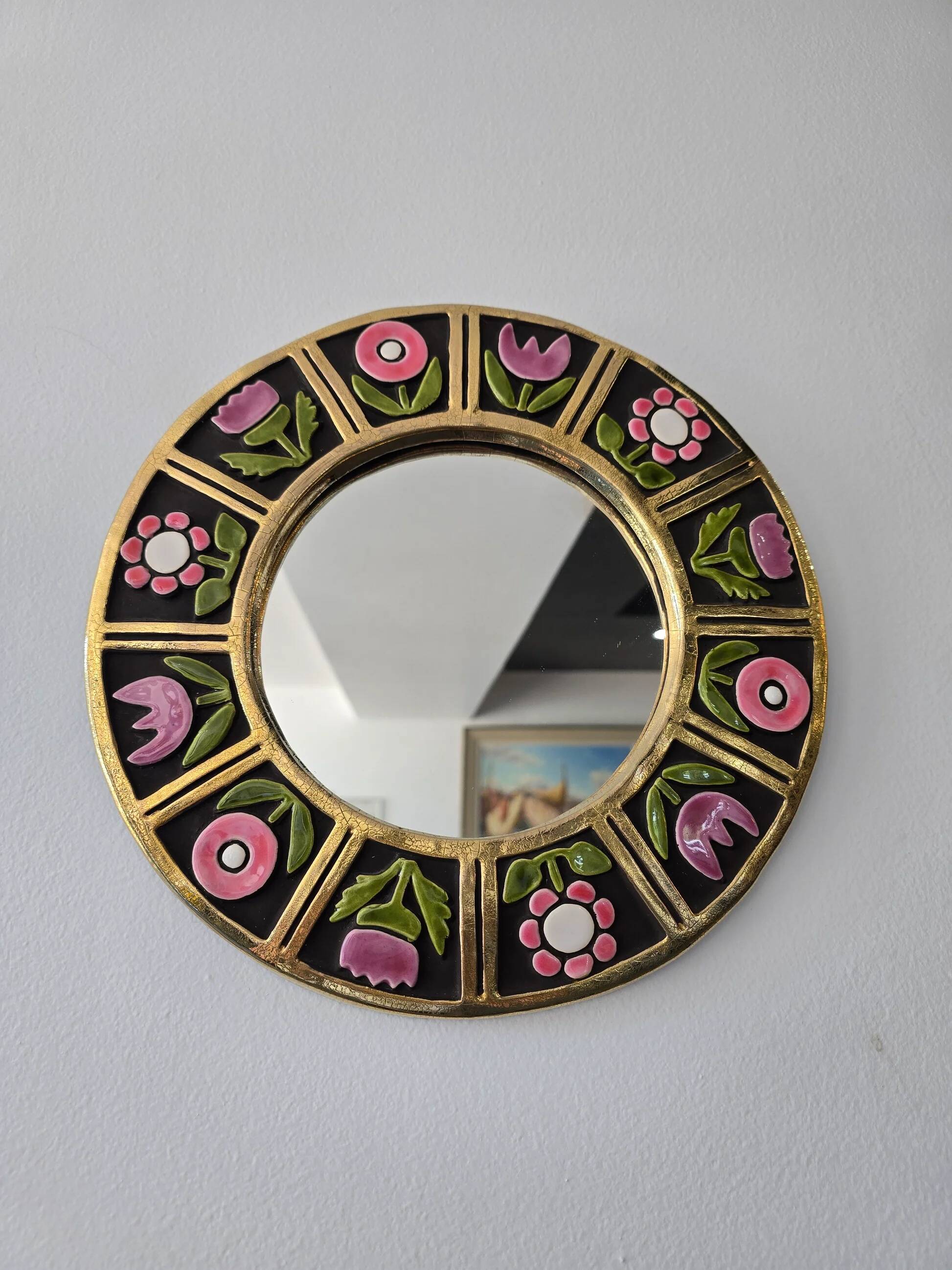 Mithé Espelt - glazed ceramic mirror. Floral decoration, 1960s.
