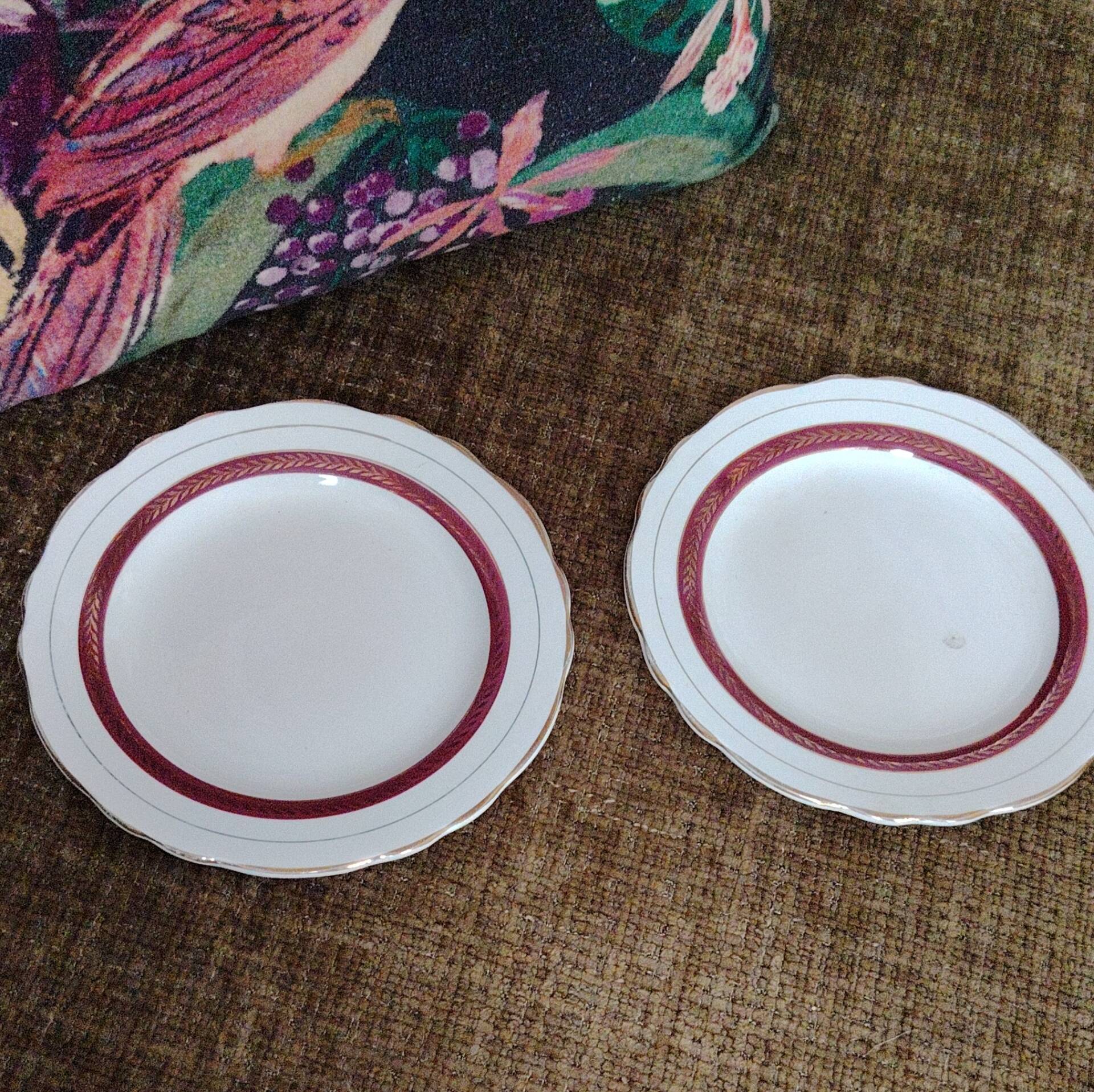 Salins white ceramic dessert plates with red trim and gold rim.