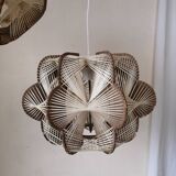 Pair of vintage wooden and rattan straw pendant lights.