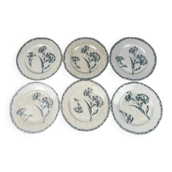 Lot de 6 assiettes à dessert modèle ''Oeillet'', KG Lunéville, terre de fer, XIXème siècle