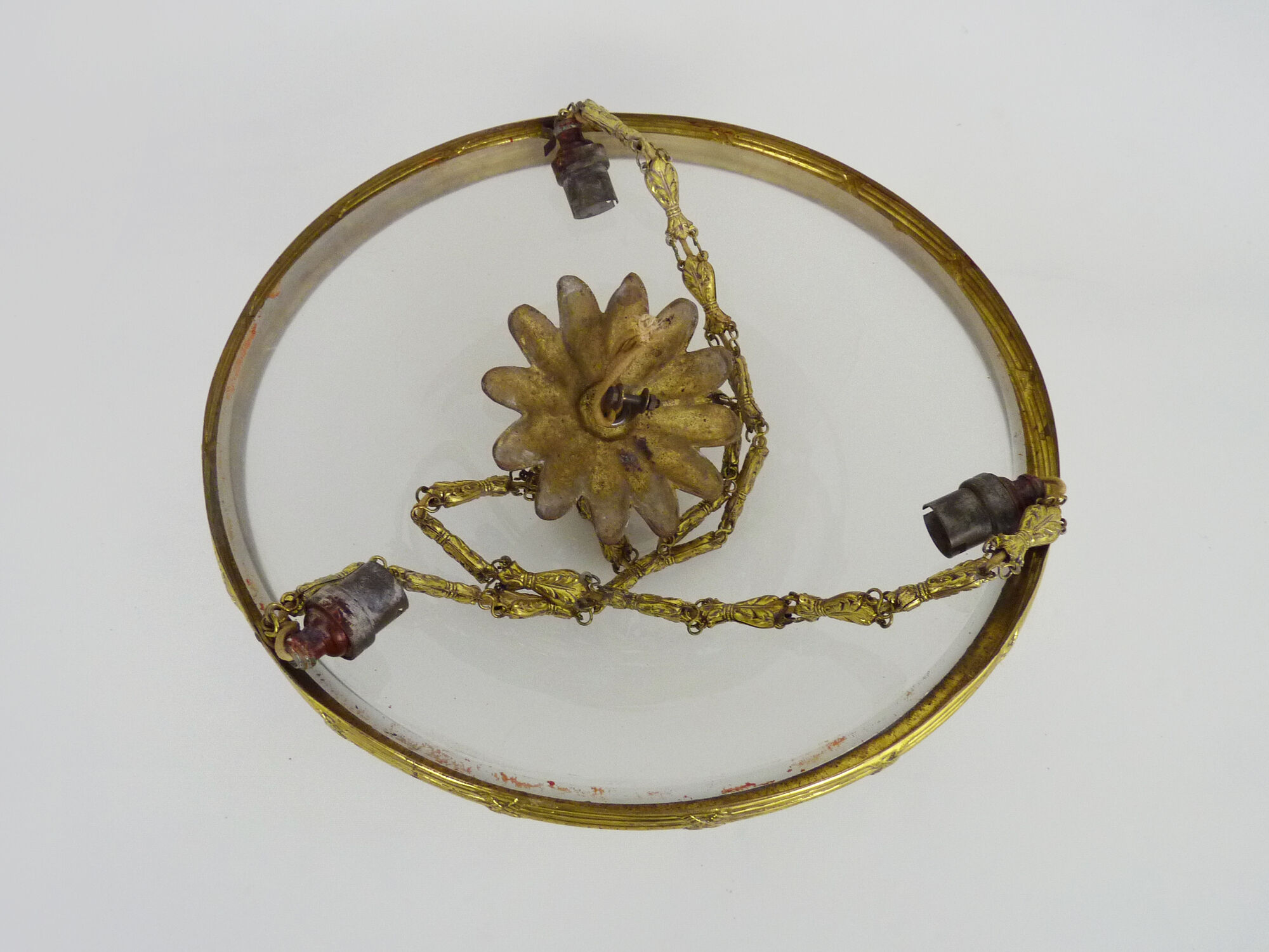 Art nouveau glass washbasin suspension, bronze structure with 3 lights
