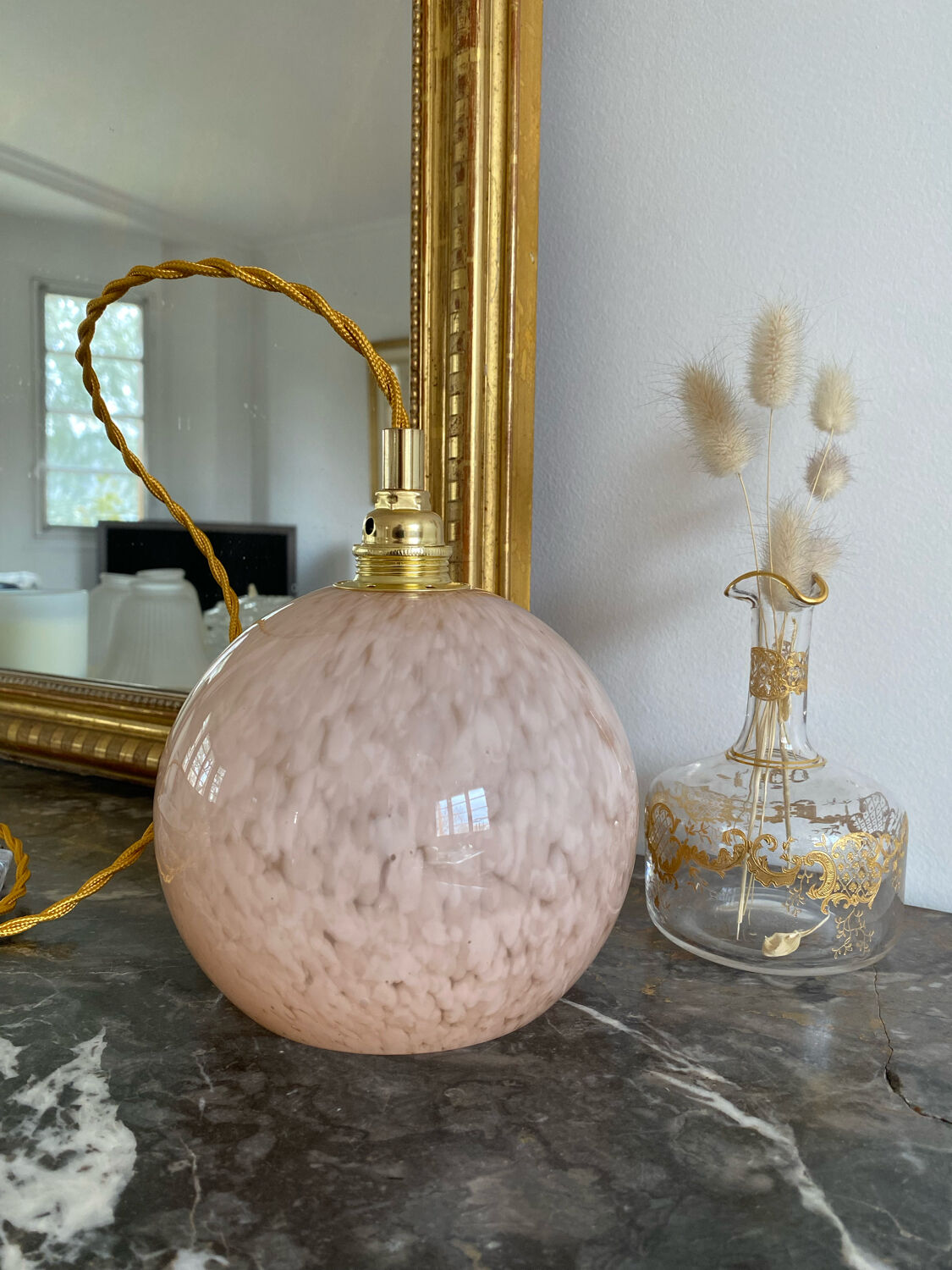 Walker with vintage pink clichy glass globe