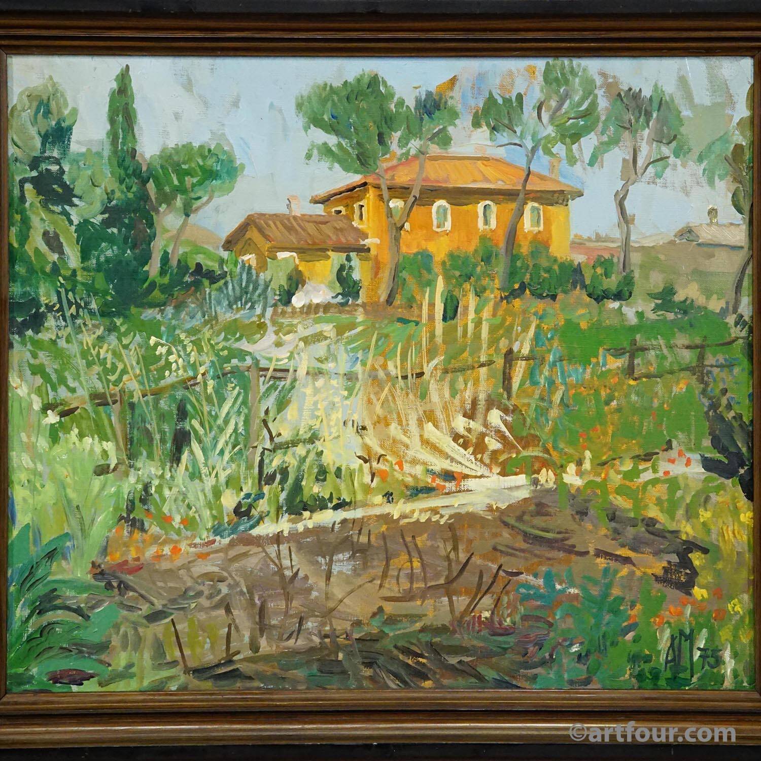 Vintage oil painting of a Mediterranean village, Alexander Michael 1975.