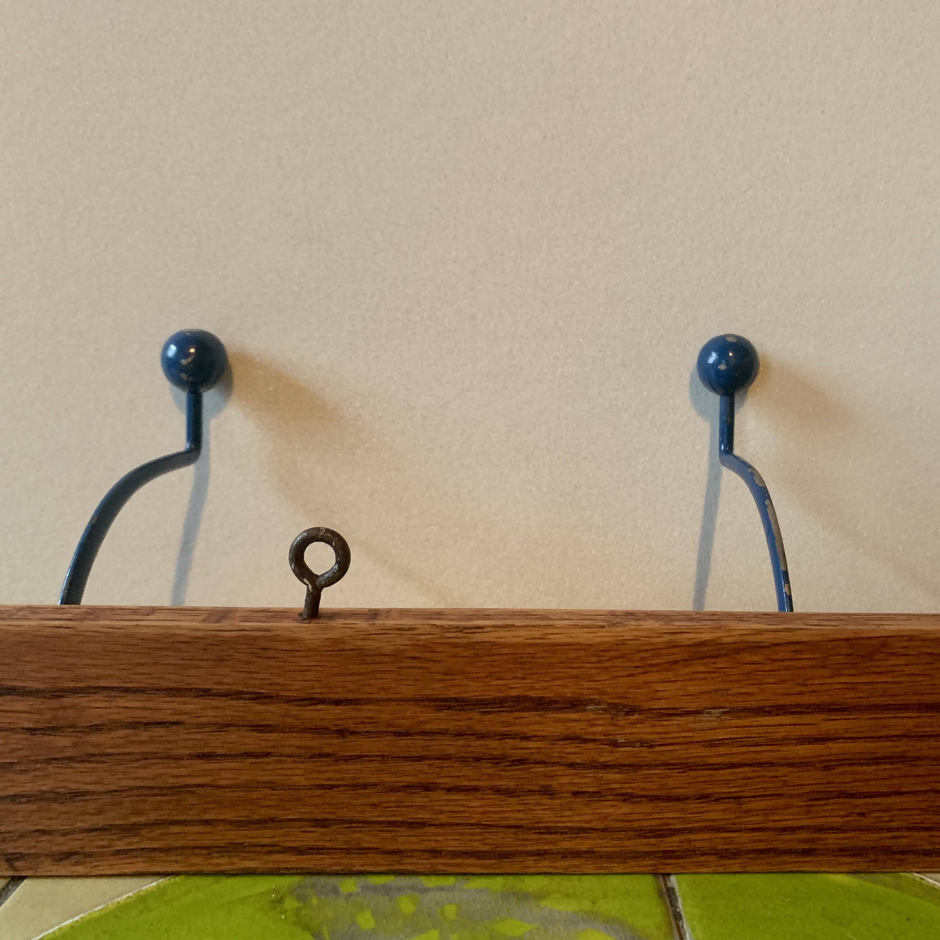 Vintage wooden wall coat rack - triple coat hook with blue metal balls