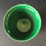 Cache-pot vintage en barbotine poët-laval modèle vannerie vert et touches de couleurs