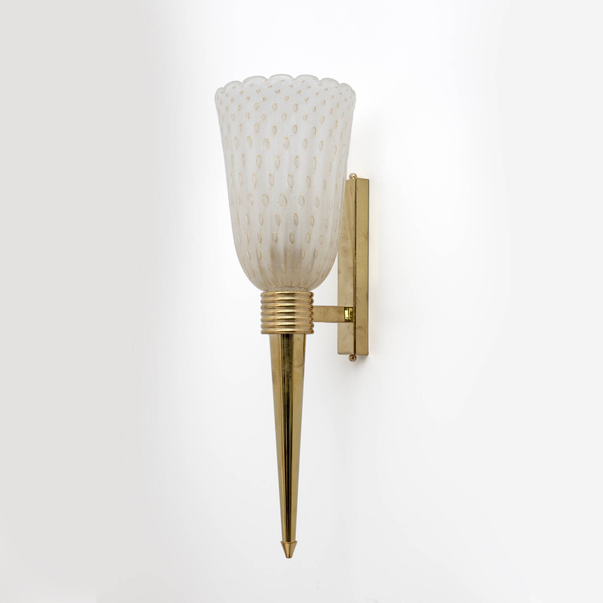 Pair of Mid-century Modern Italian Brass and Pulegoso Murano Glass Sconces