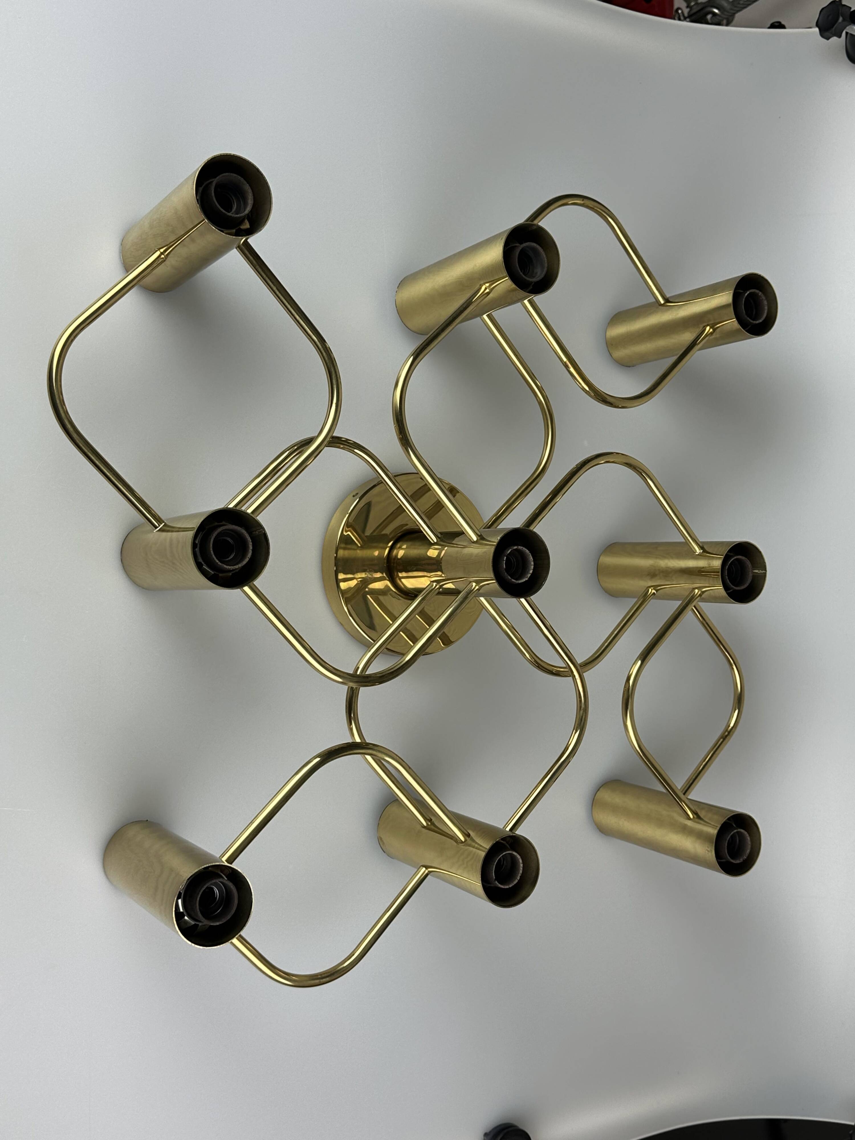 60s 70s 9-bulb ceiling lamp from Leola Leuchten Germany in brass