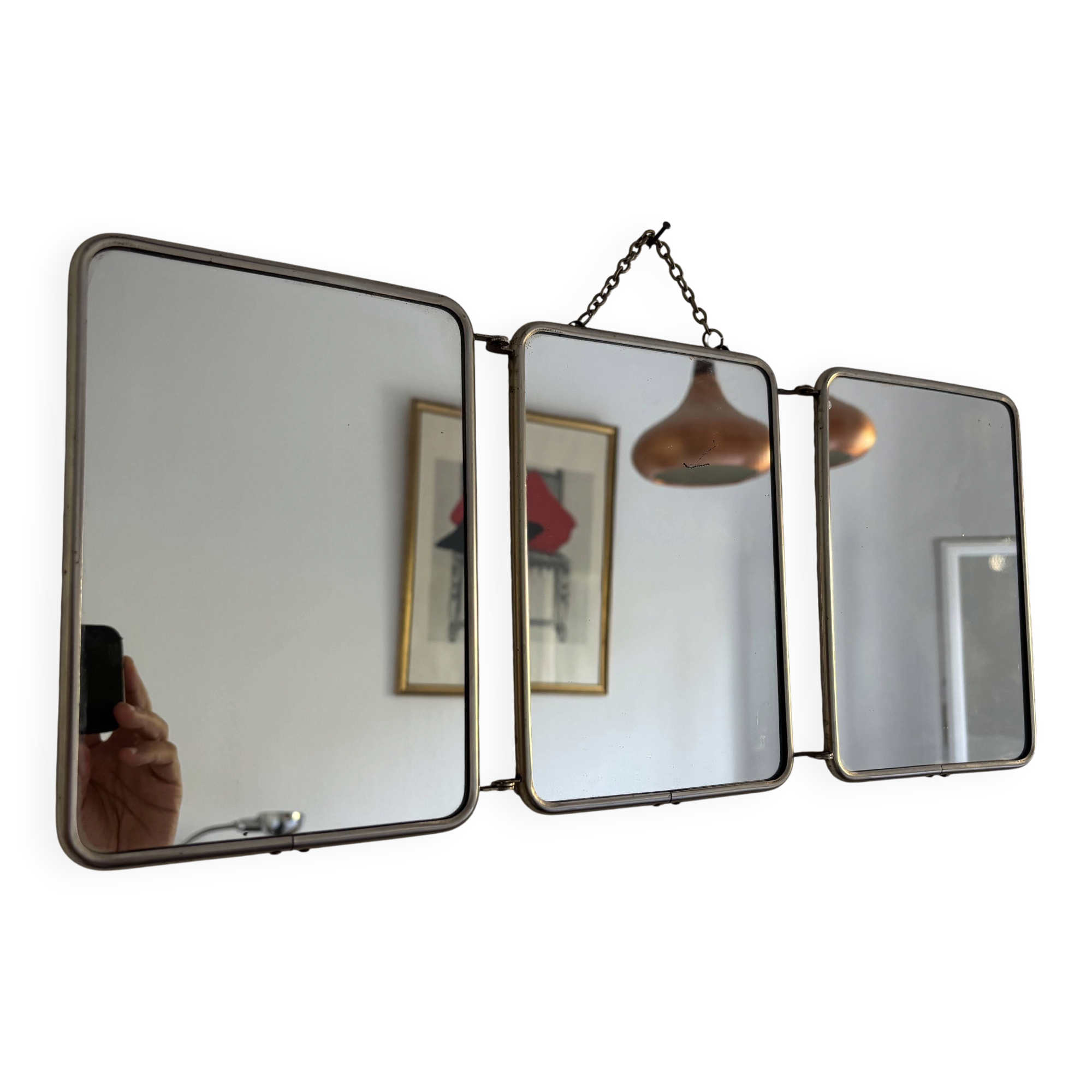 Vintage 1960 triptych barber mirror ivory quilted - 21 x 50 cm