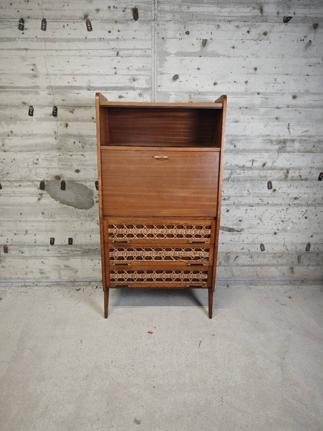 Vintage wooden and rattan secretary