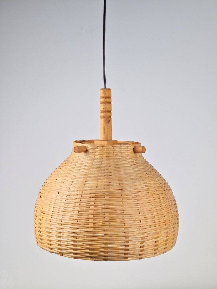 Scandinavian Wicker Rattan and Pine Pendant Lamp, 1960s