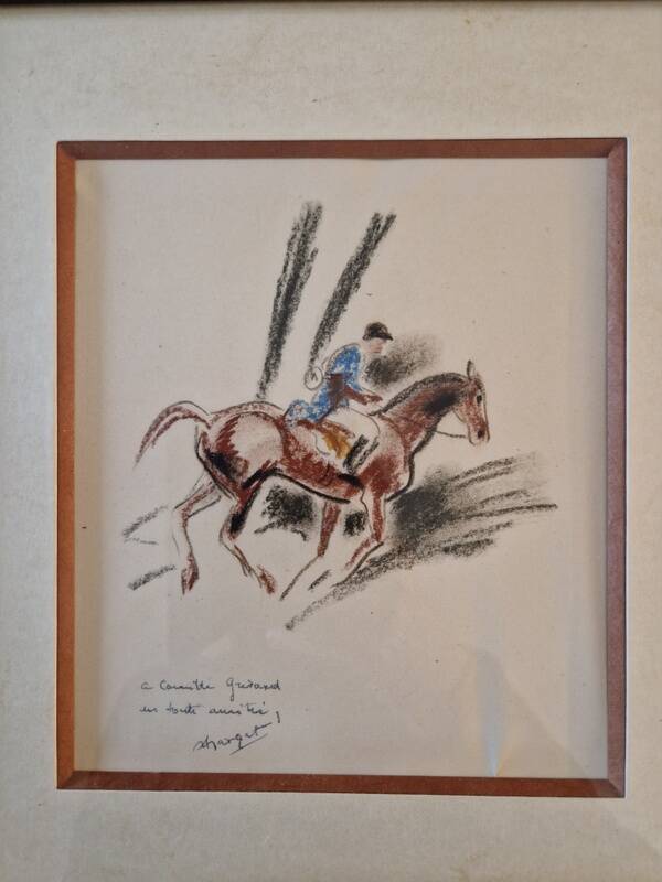 André Margat (1903-1999) - Dry pastel on paper - Rider or huntsman on horseback - Signed and dedicated