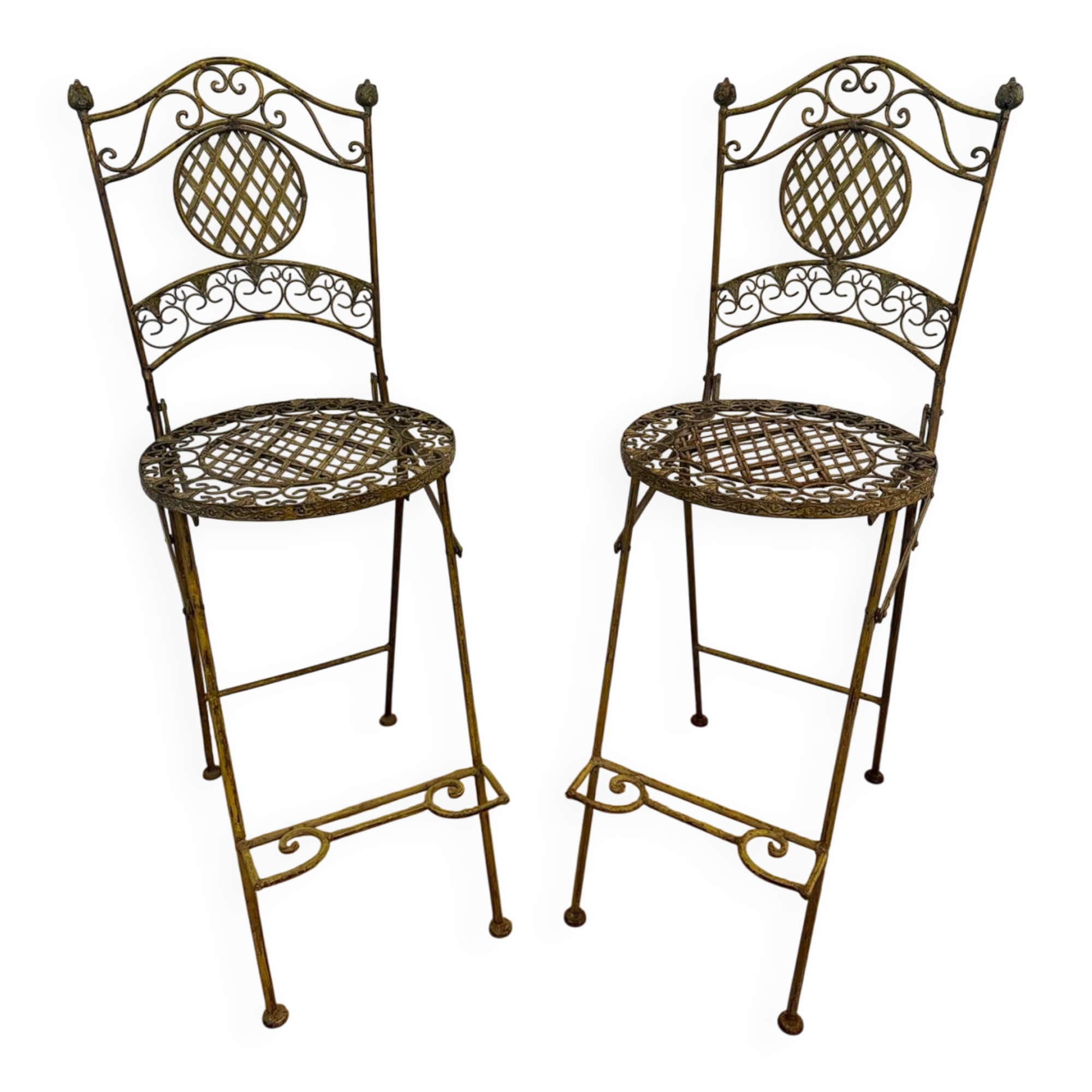Paire de chaises hautes pliantes en fer forgé – Patine ocre – Style Ja