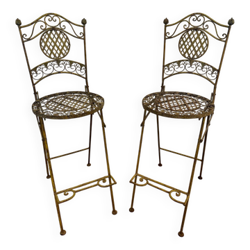 Pair of folding high chairs in wrought iron – Ochre patina – Ja style