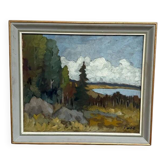 Huile sur toile suédoise "Paysage" par Gosta Falck, vintage et encadrée 65×56cm