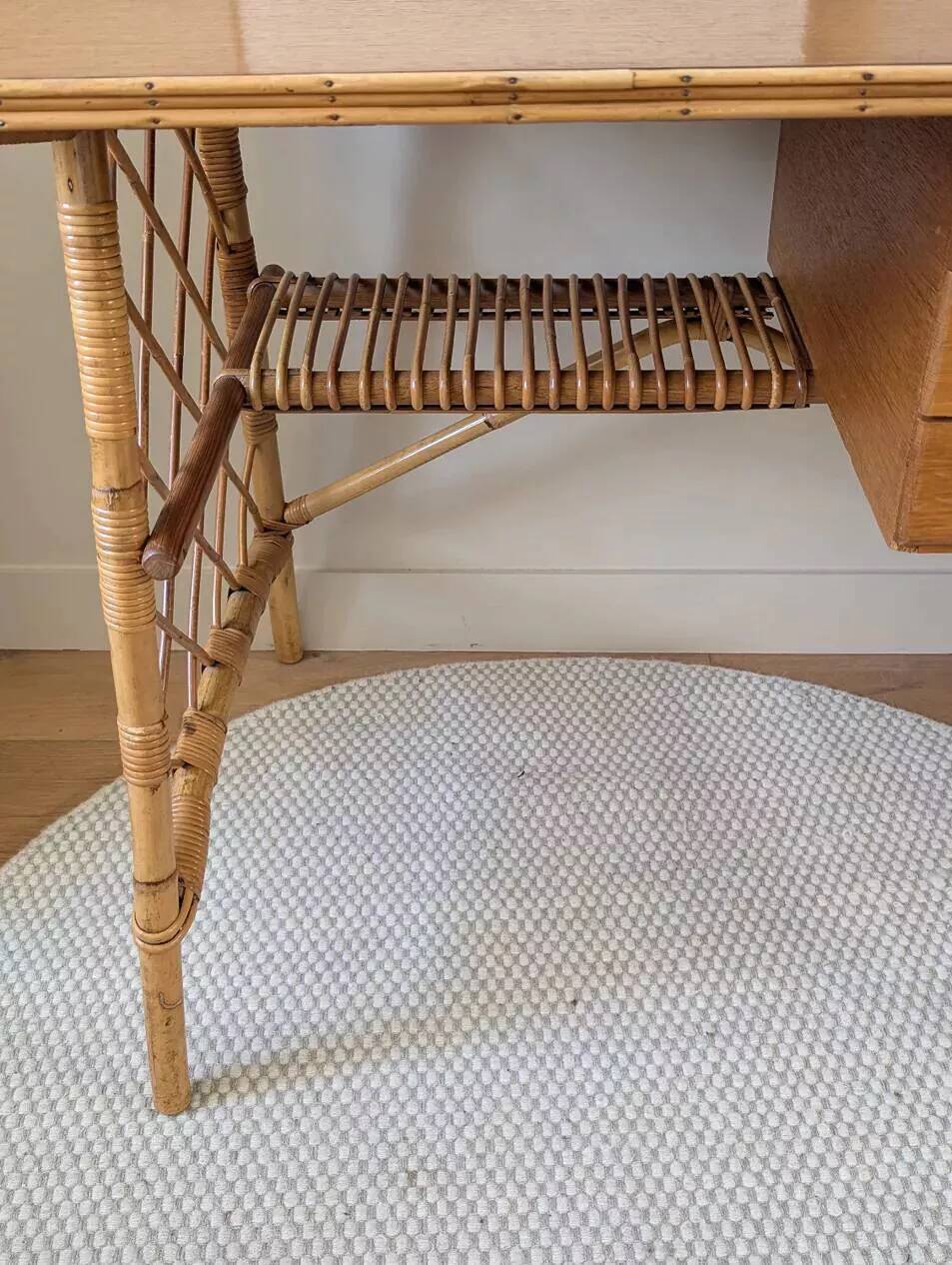 Vintage wood and rattan desk by L. Sognot