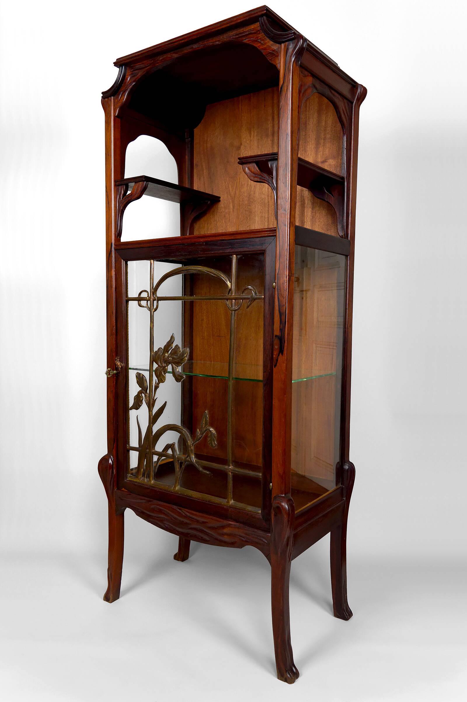 Art Nouveau Display Case, Bronzes and Carved Wood on a Lake Theme, 1900