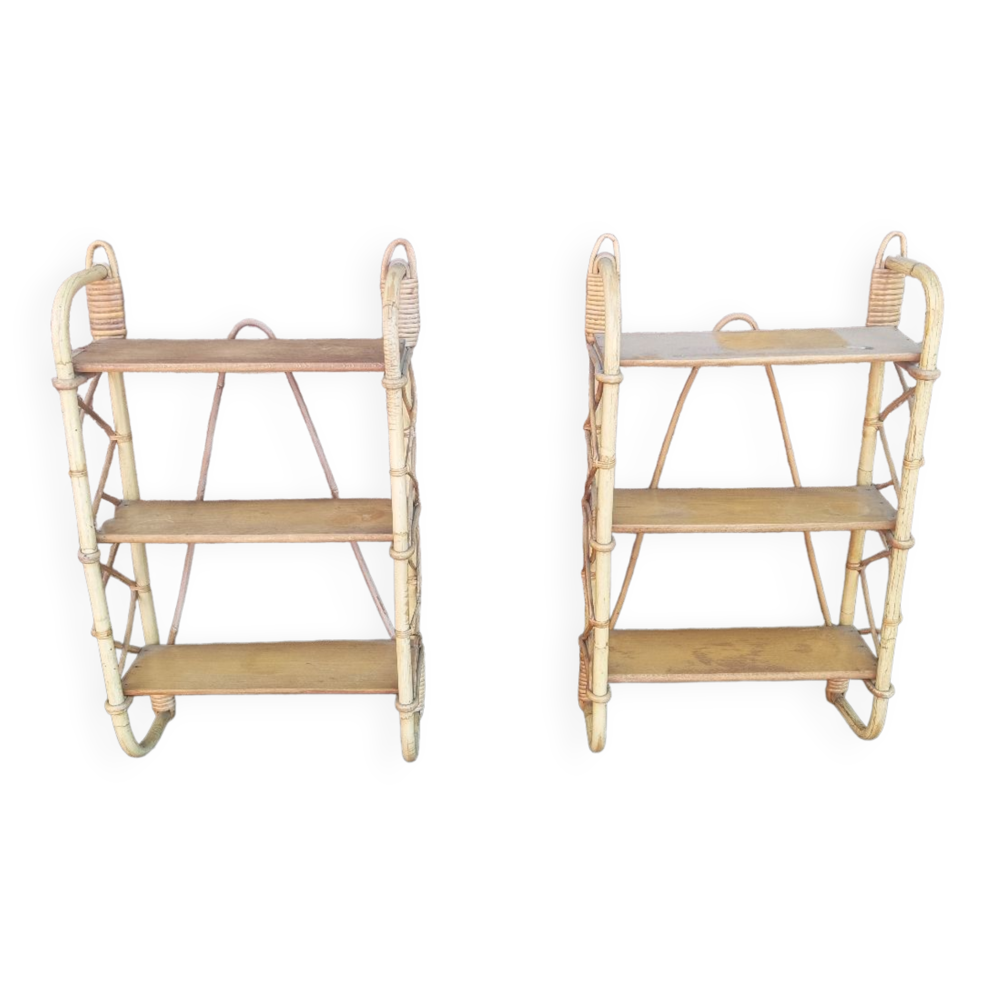 Pair of wall shelves vintage in rattan bamboo wicker