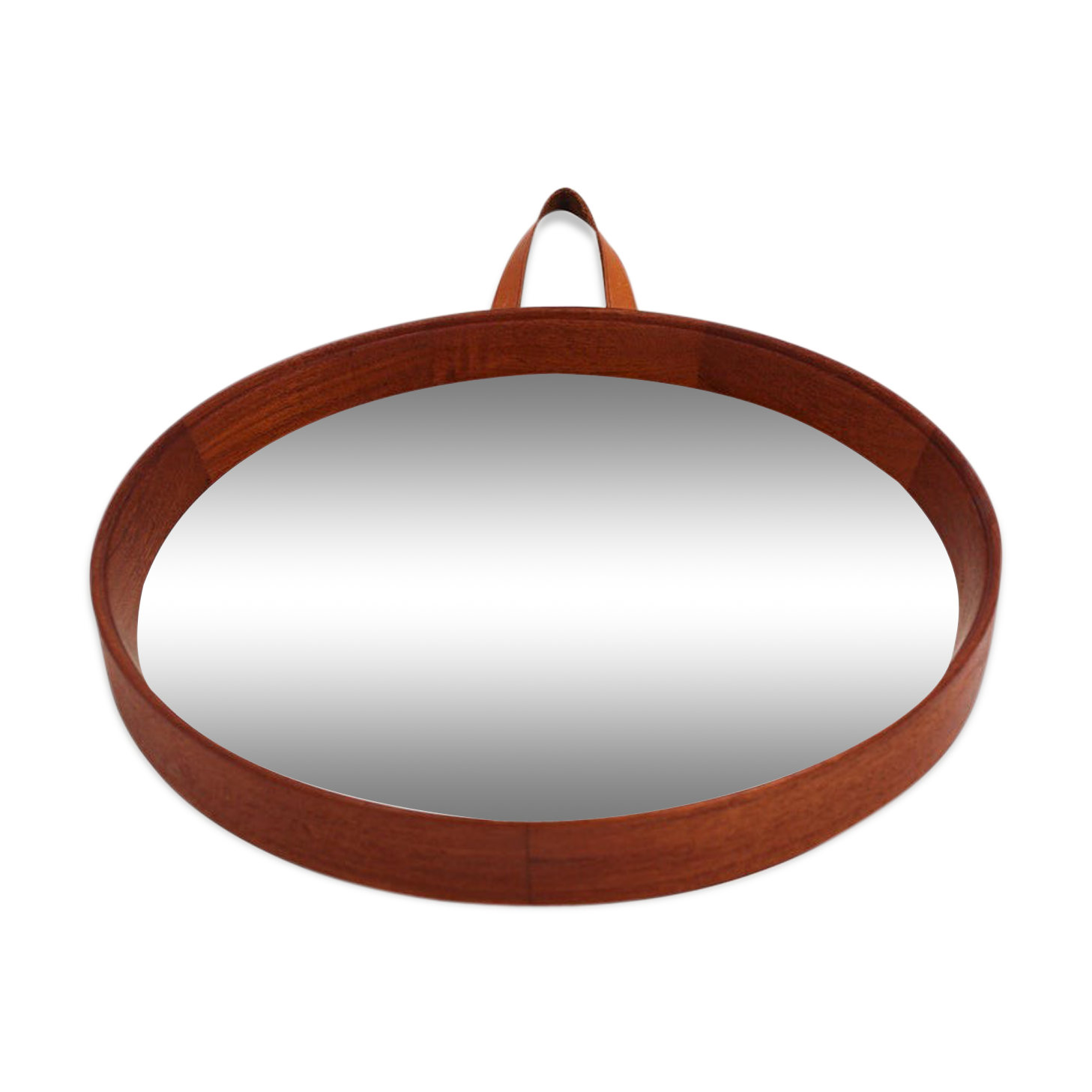 Scandinavian teak mirror with 1950s 19.5cm leather strap