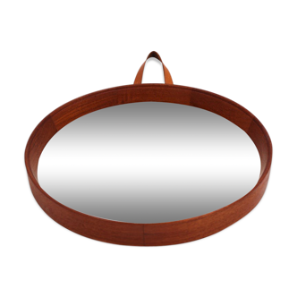 Scandinavian teak mirror with 1950s 19.5cm leather strap