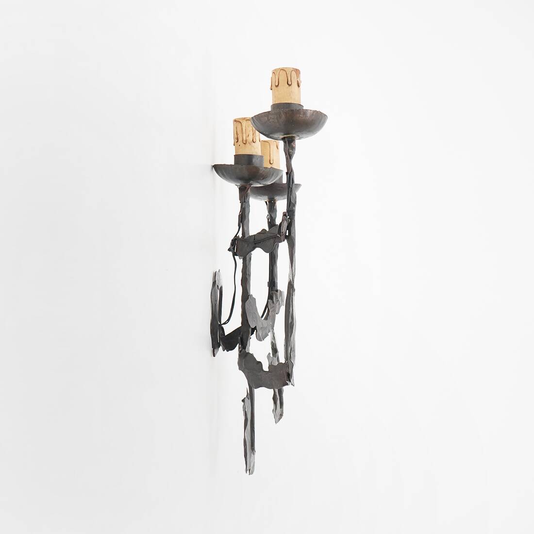 Pair of Brutalist wrought iron wall lamps, 1960s