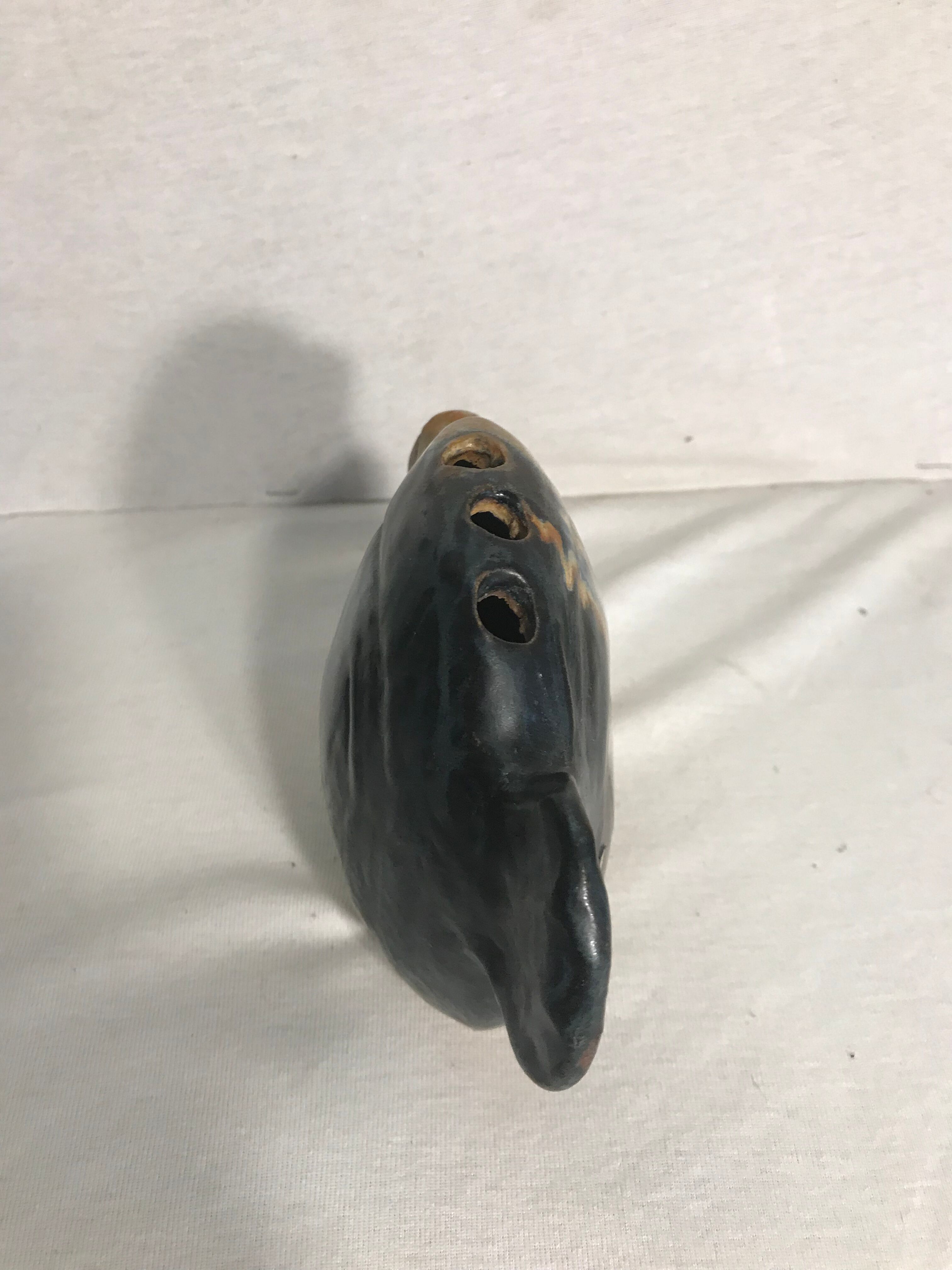 Old vase spades flowers fish ceramic beige & blue decoration vintage