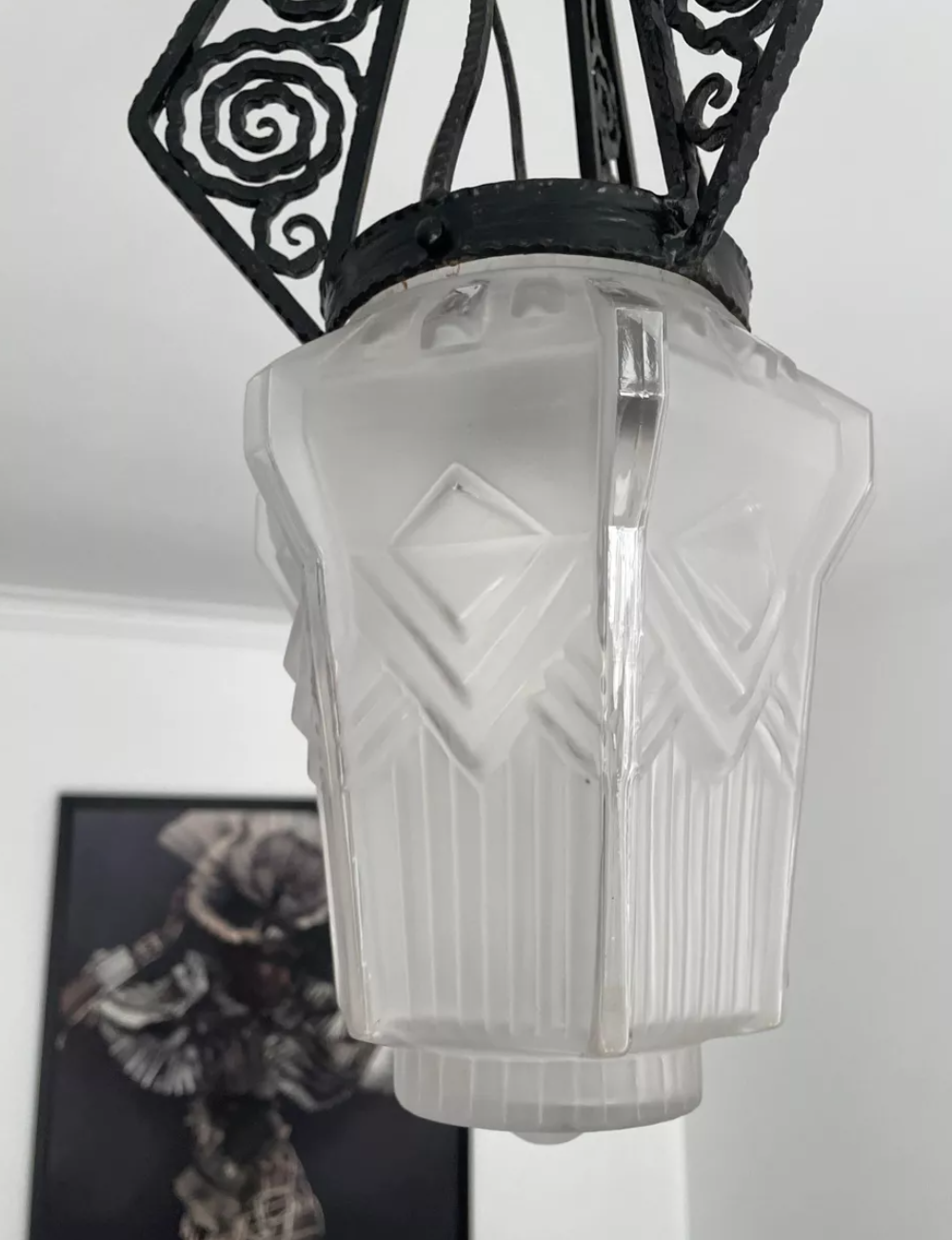 Hanging lamp in wrought iron and pressed molded glass, art nouveau