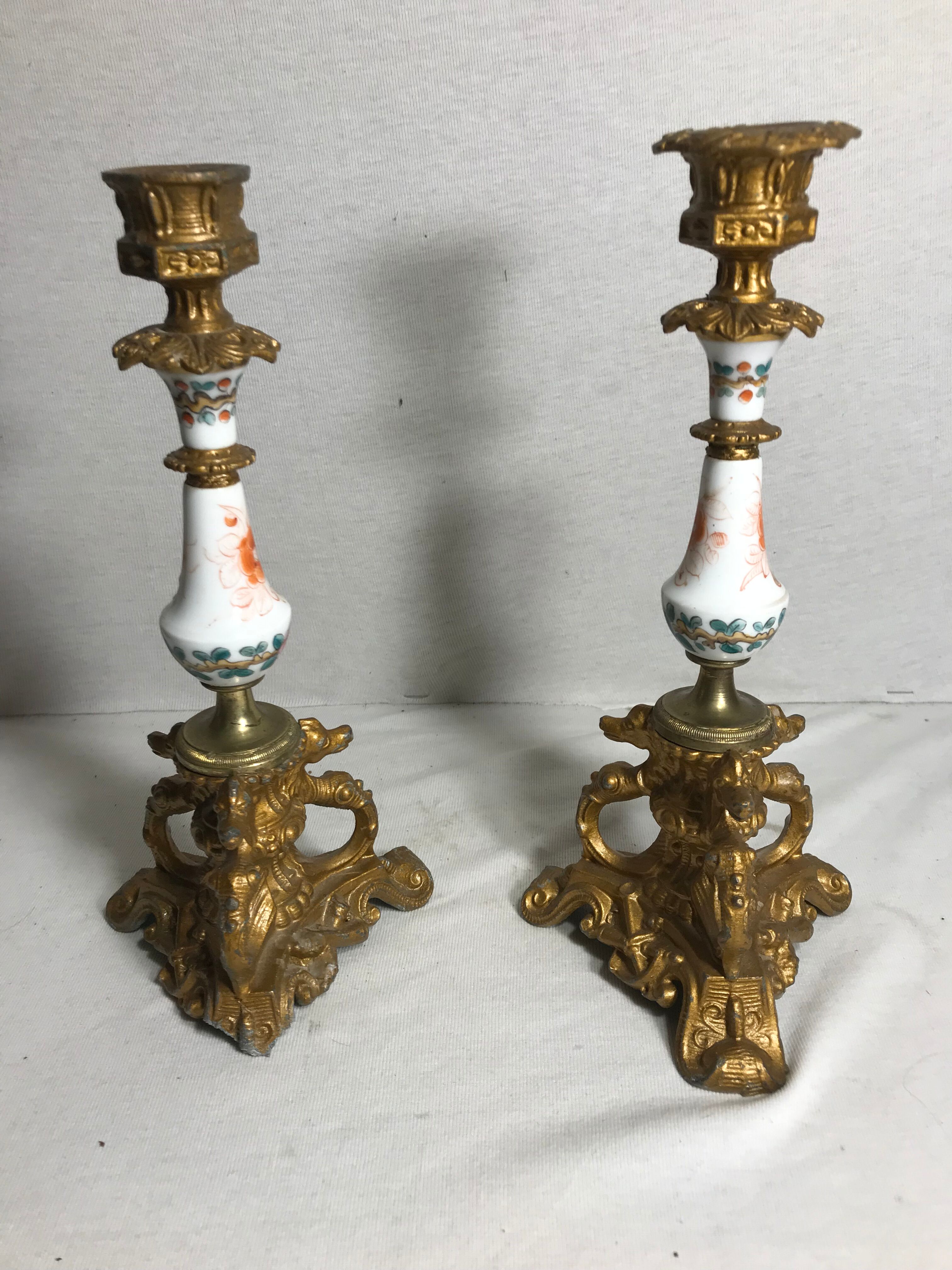 Pair old candlestick tripod Metal Gold seahorse + ceramic painted Vintage