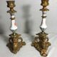 Pair old candlestick tripod Metal Gold seahorse + ceramic painted Vintage
