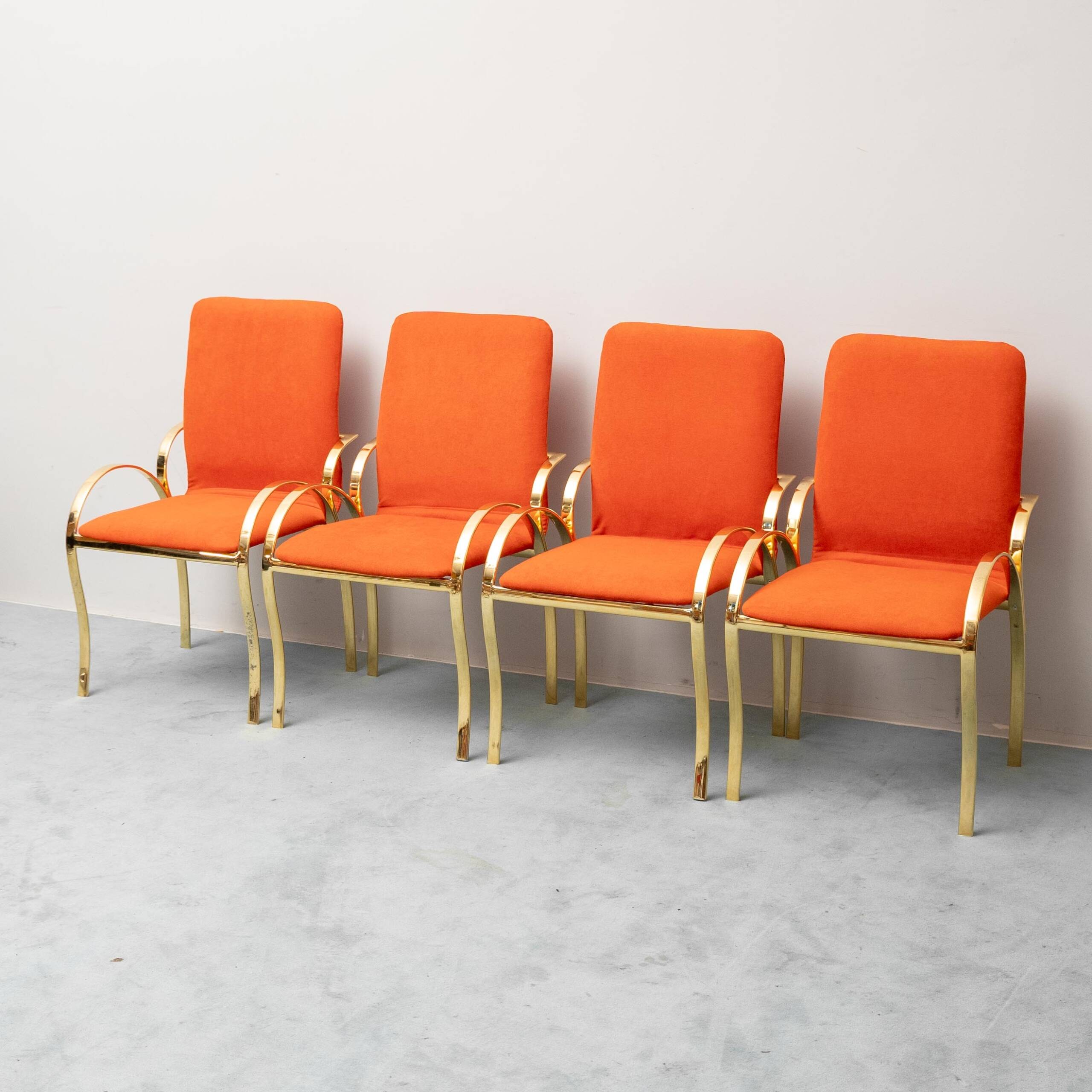 Set of 4 vintage golden metal and orange fabric chairs, 1970s modernist