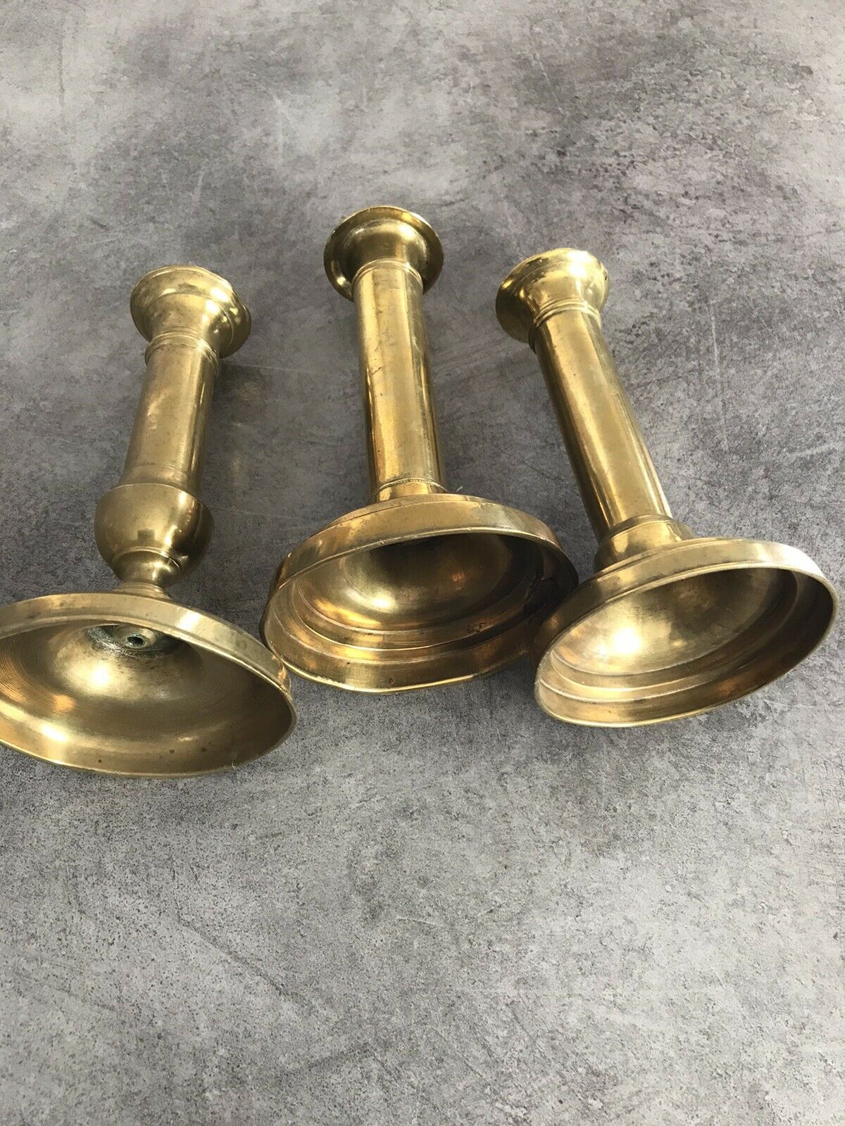 Set of 3 old brass copper zipper candlesticks