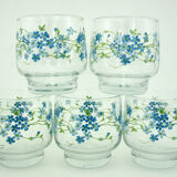 5 water glasses - decoration small blue flowers - Veronica Luminarc Arcoroc - vintage 80s