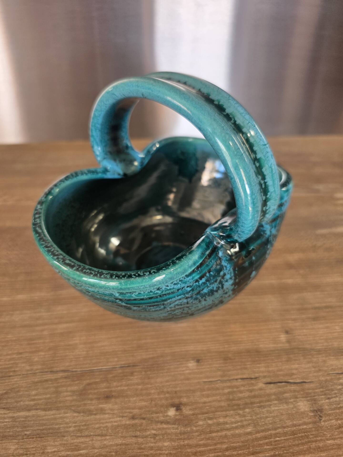 Vintage ceramic basket Accolay turquoise Signed Bull's Head X.C
