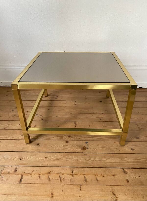 Table basse carré en laiton et verre fumé vintage