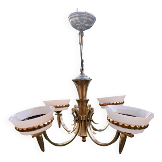 lustre art déco 4 feux bronze et opaline