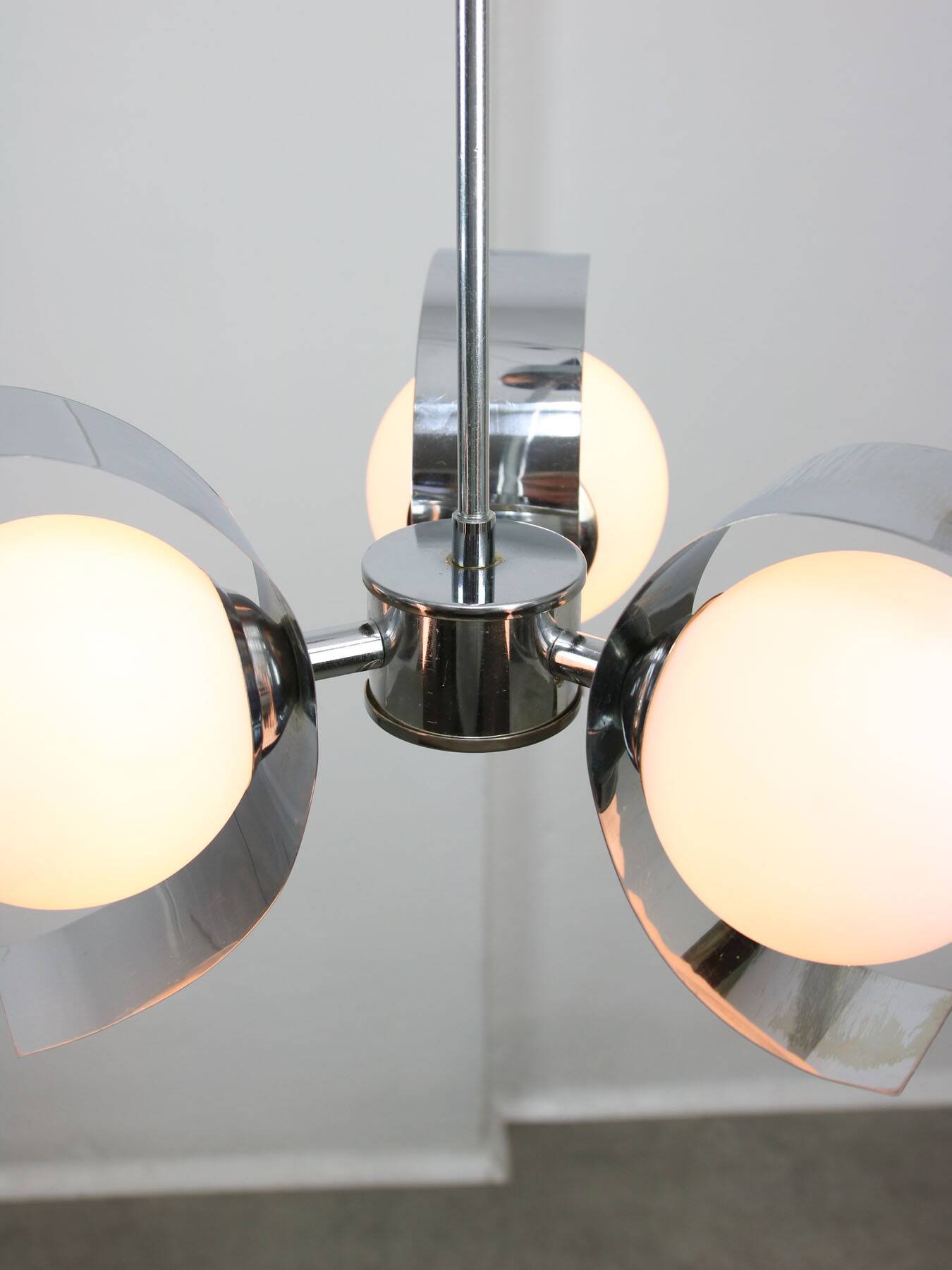 Vintage italian chrome and opaline chandelier, 70s