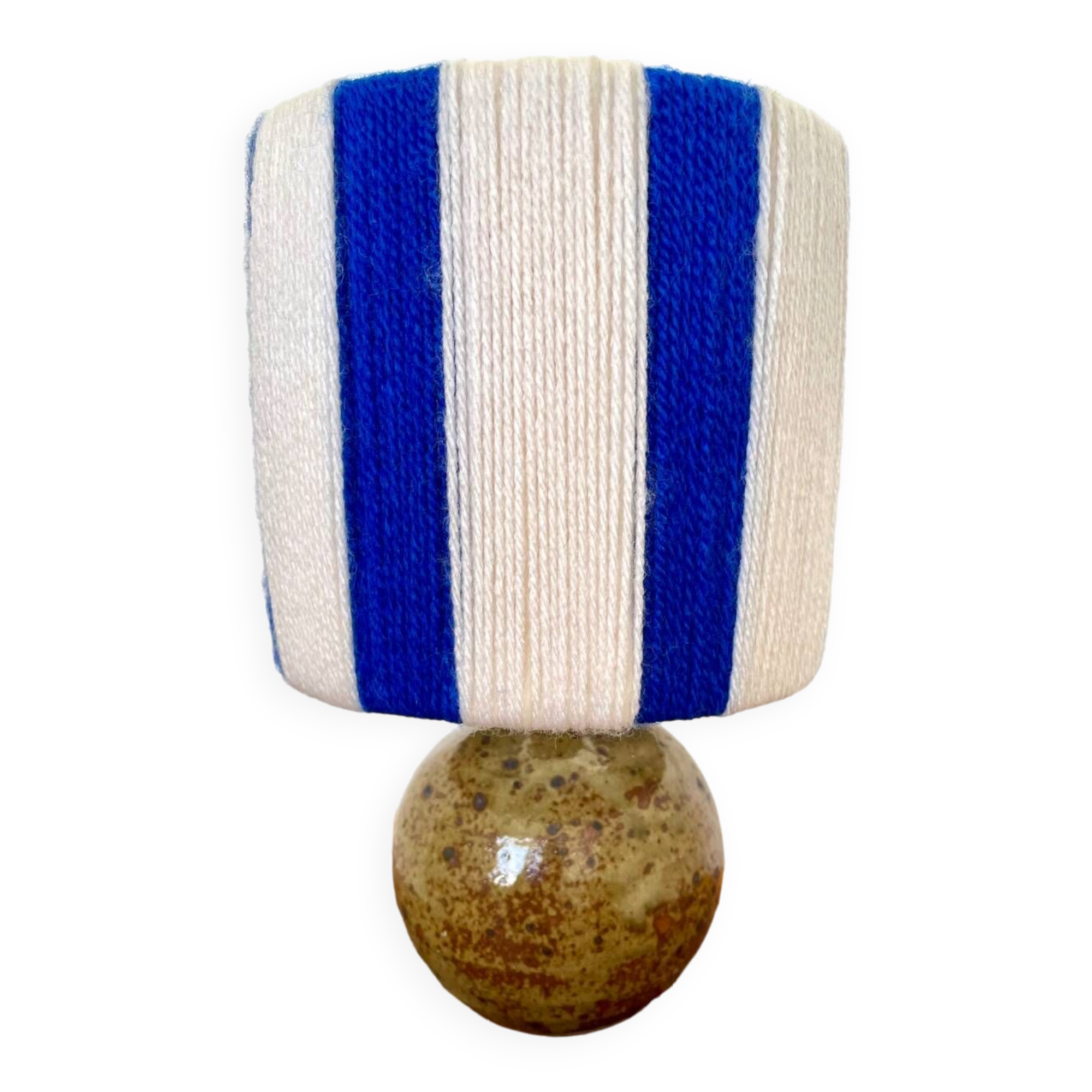 Vintage table lamp with pyrite sandstone base and striped wool lampshade