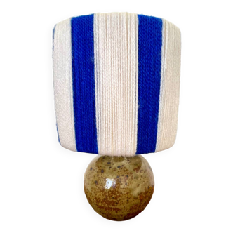 Vintage table lamp with pyrite sandstone base and striped wool lampshade