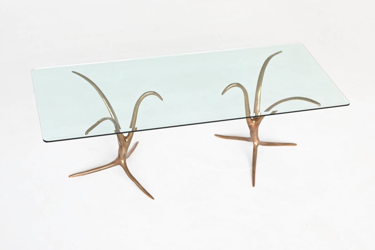 Unique sculptural dining table in bronze and glass, Belgium 1970.