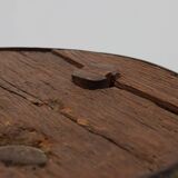 Brutalist French 1850s solid oak tripod stools with metal rim, set of 4