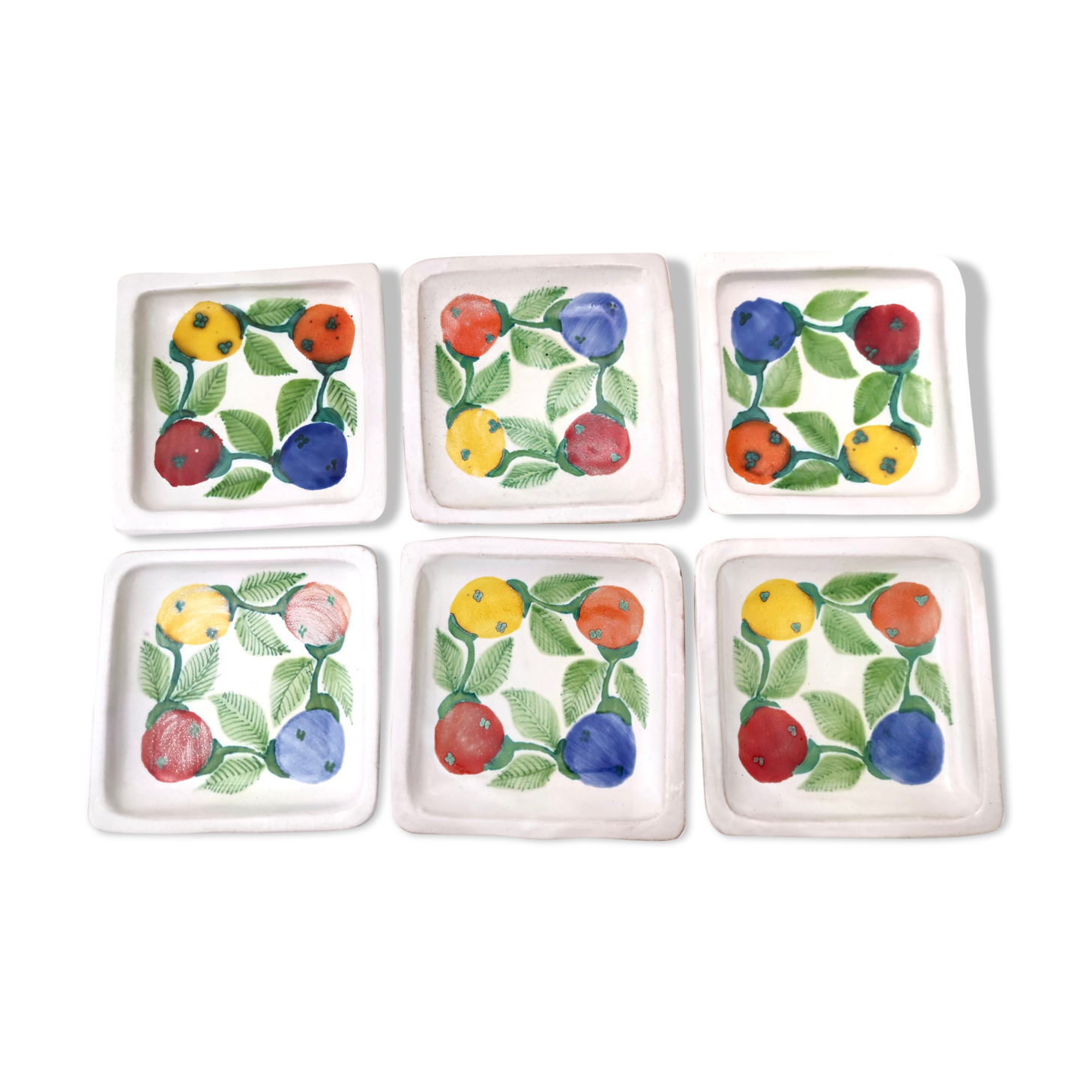 Set of Six Vintage Square Hand-Crafted Earthenware Plates by De Simone, Italy
