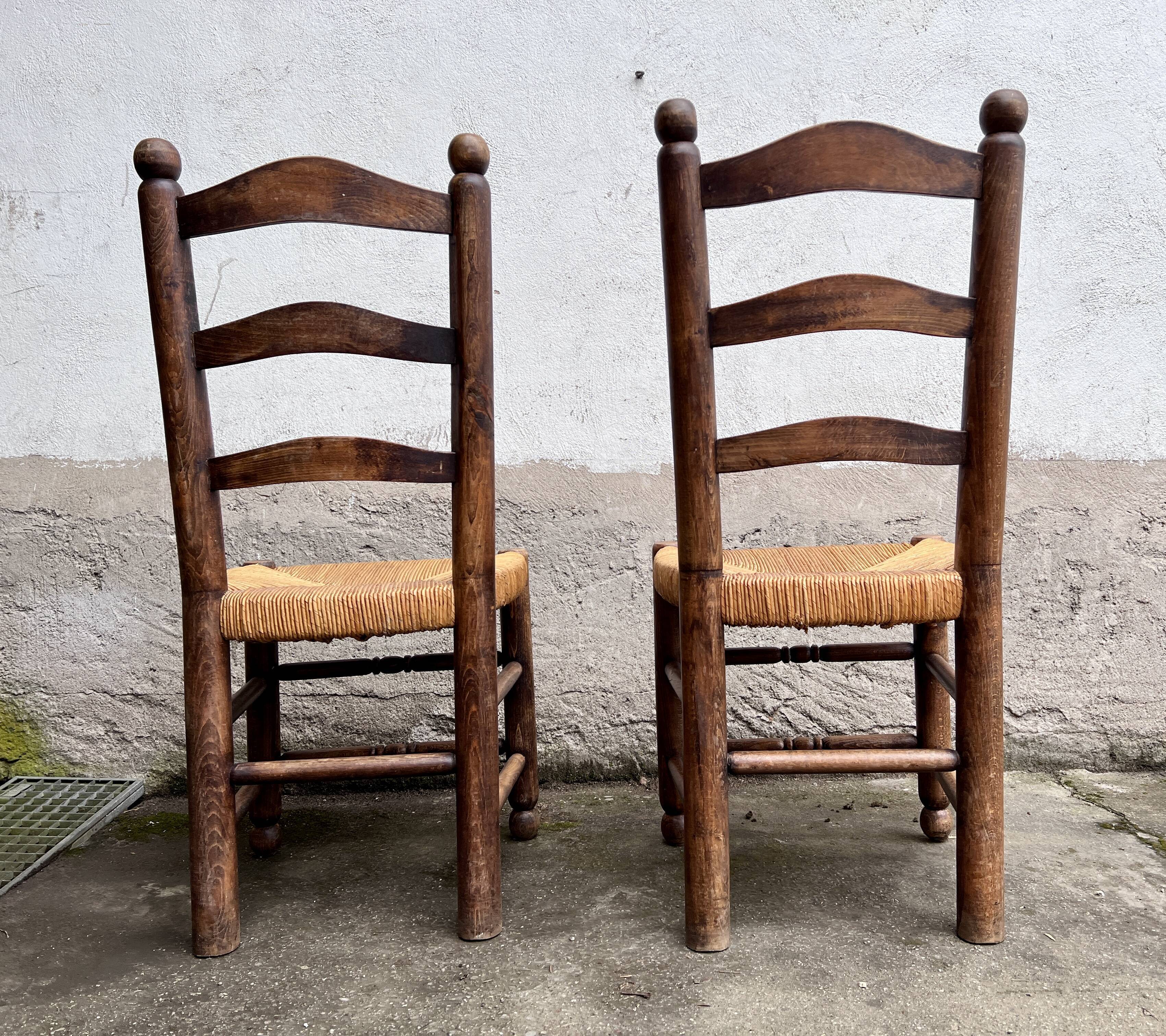 Pair of vintage Brutalist chairs made of wood and straw