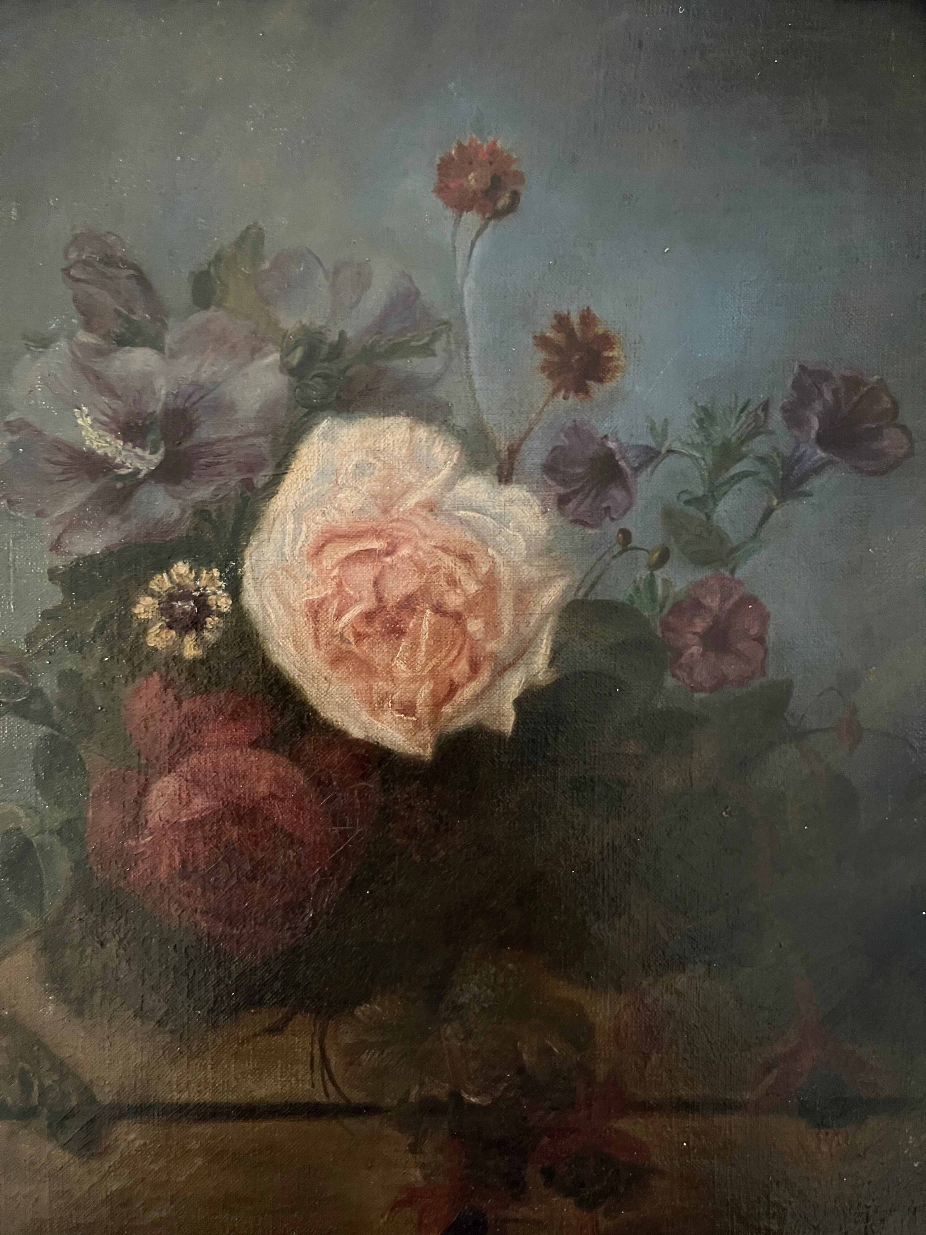Tableau HST vers 1874 Jetée de fleur sur entablement signé + cadre
