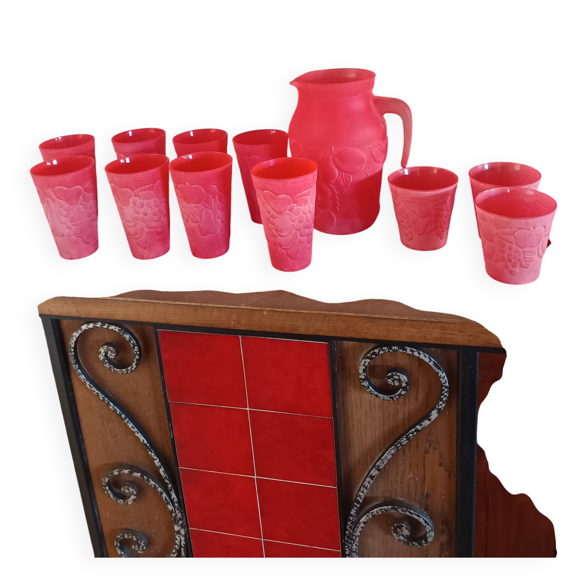 Cervé vintage red frosted glass orangeade set with fruit decoration