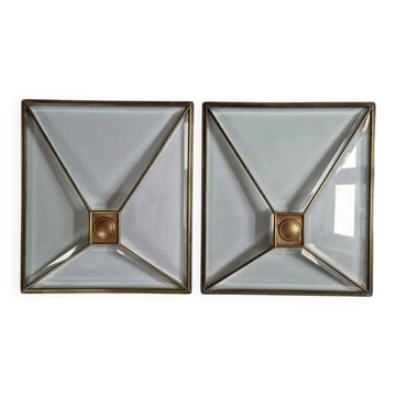 Set of Two Rare Art Deco Windows, Faceted Glass and Brass, Austria, 1930s