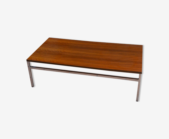 Table basse design métal chromé et teck années 70