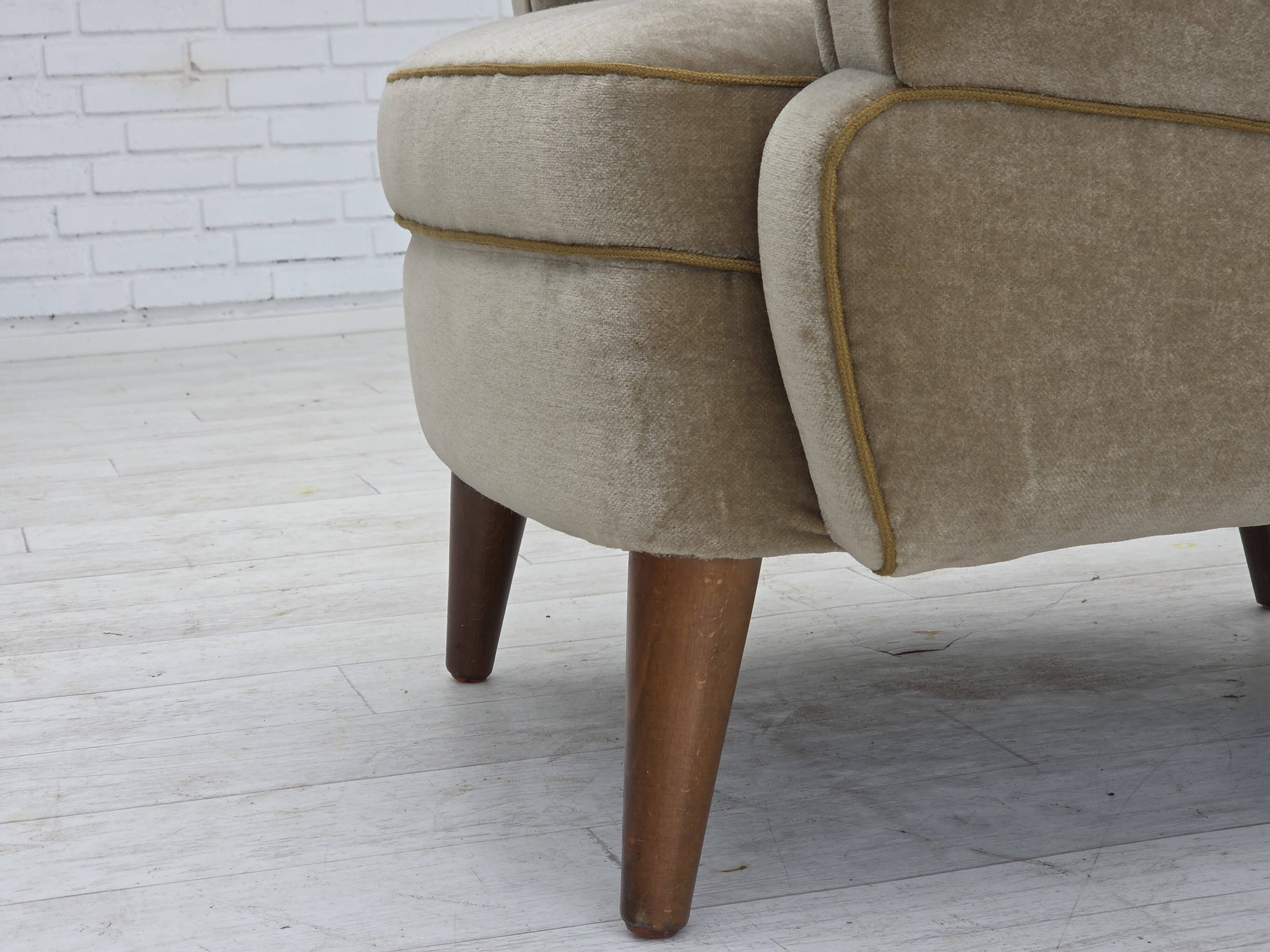 1970s, Danish armchair, green furniture velour, beech wood legs.