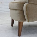 1970s, Danish armchair, green furniture velour, beech wood legs.